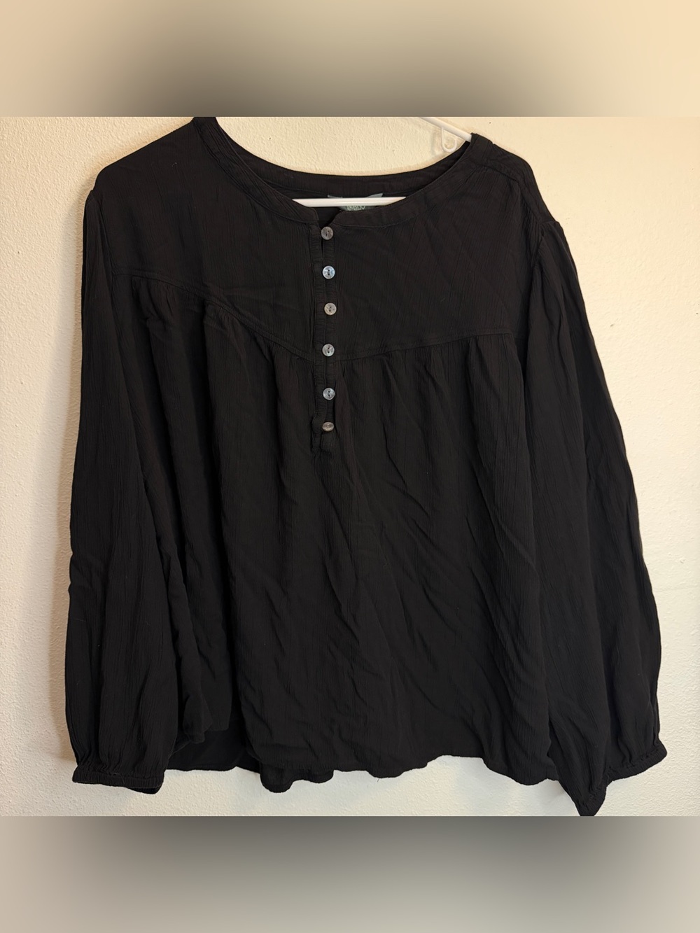 Terra & Sky Black Long-Sleeve Button Henley Blouse Gauze & double layer lined 3X